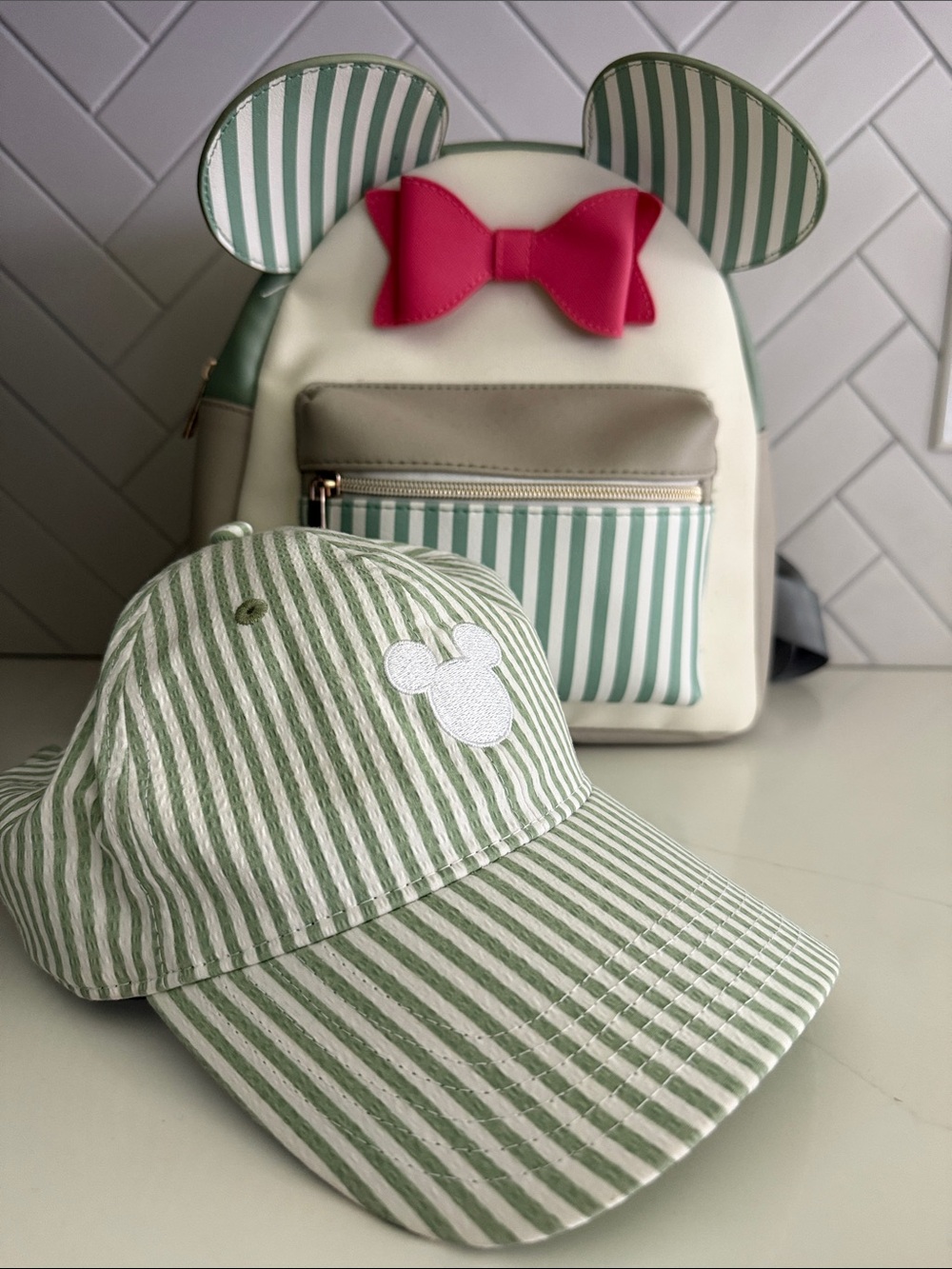 Disney Cream and Green Striped Mini Backpack with Matching Hat